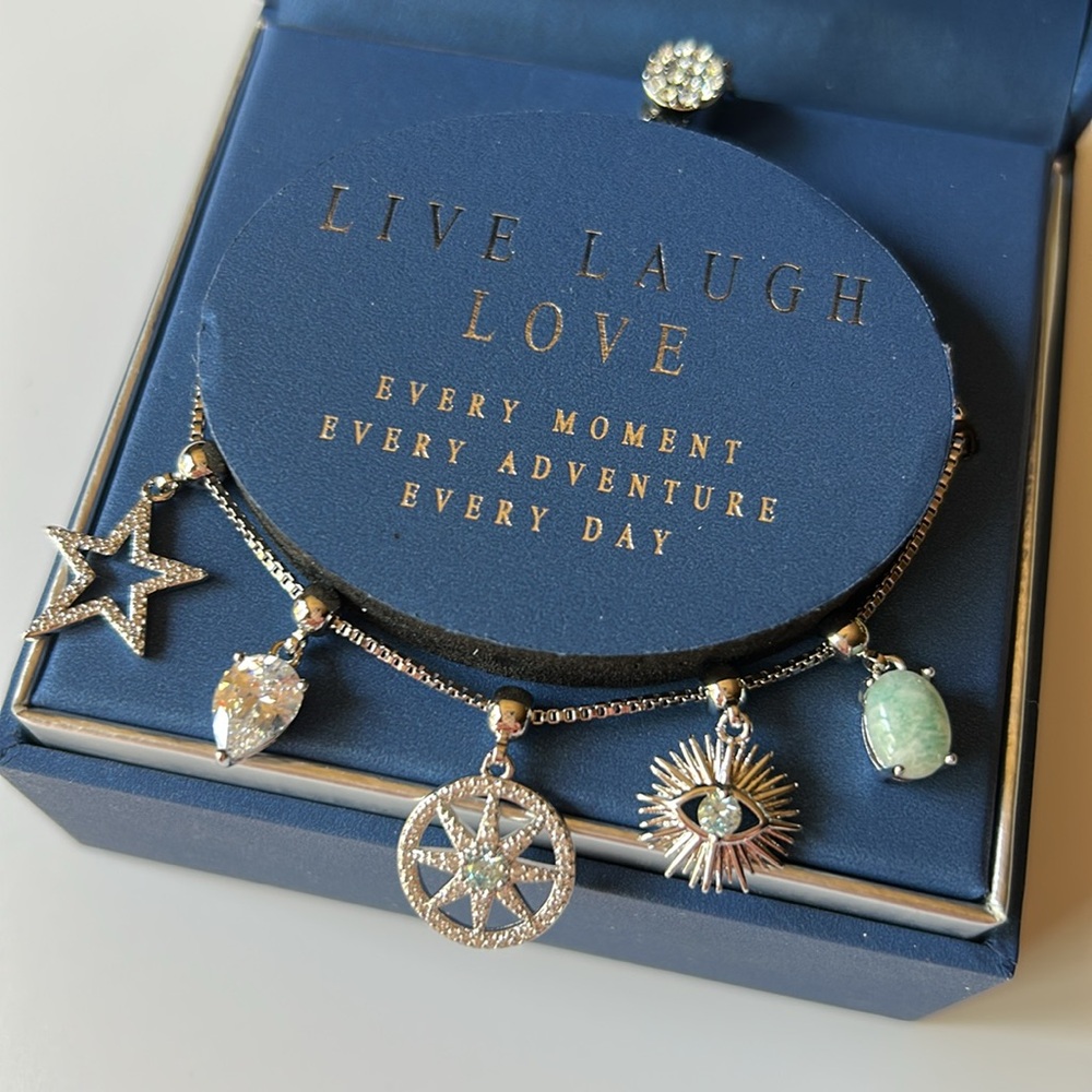Silver Charm Bracelet Evil Eye, Stars, Gems